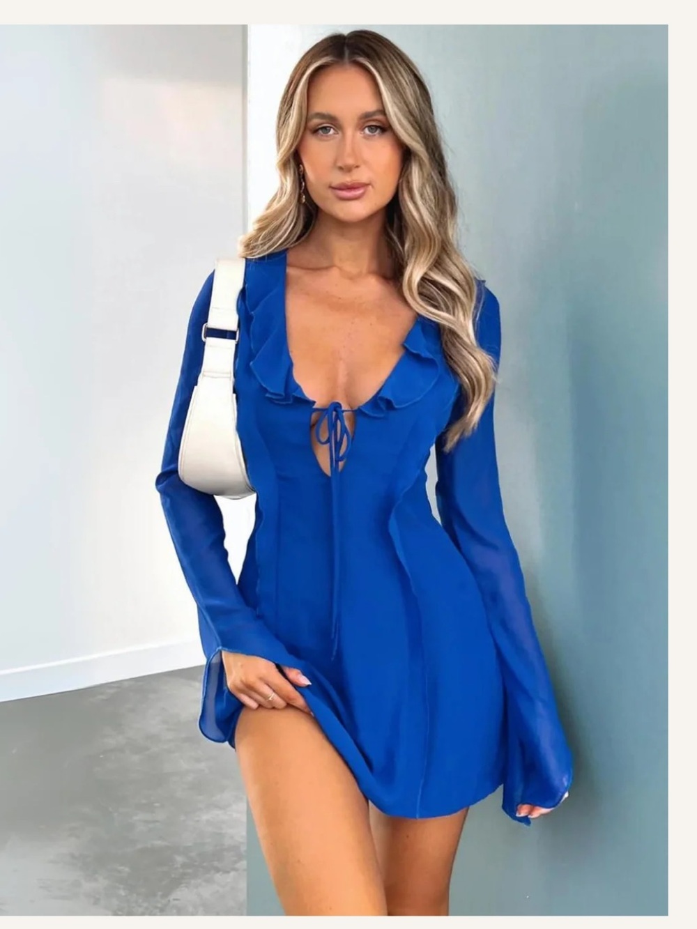 White Fox Falling To Pieces Long Sleeve Mini Dress Azure Blue M